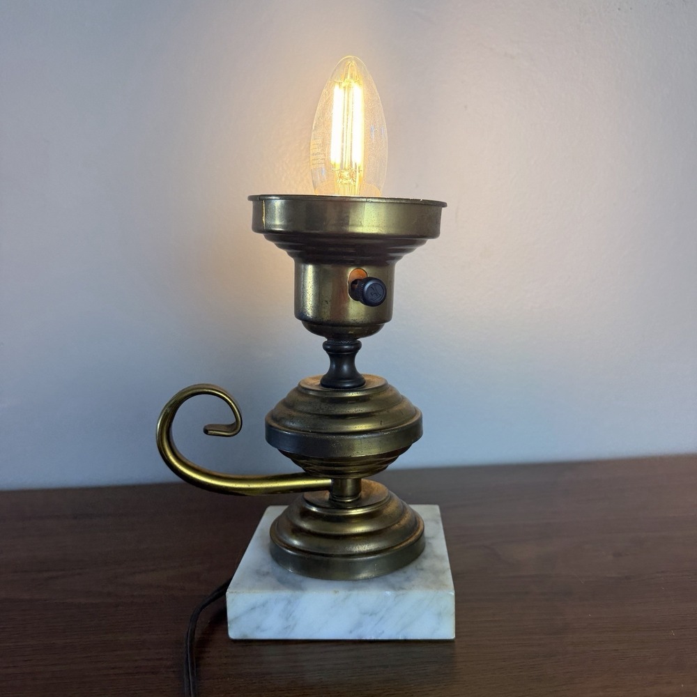 Vintage Brass Marble Table Lamp Candle Style Hollywood Regency Accent